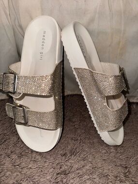 Madden Girl White Slide Sandals with Crystal-Embellished Straps
